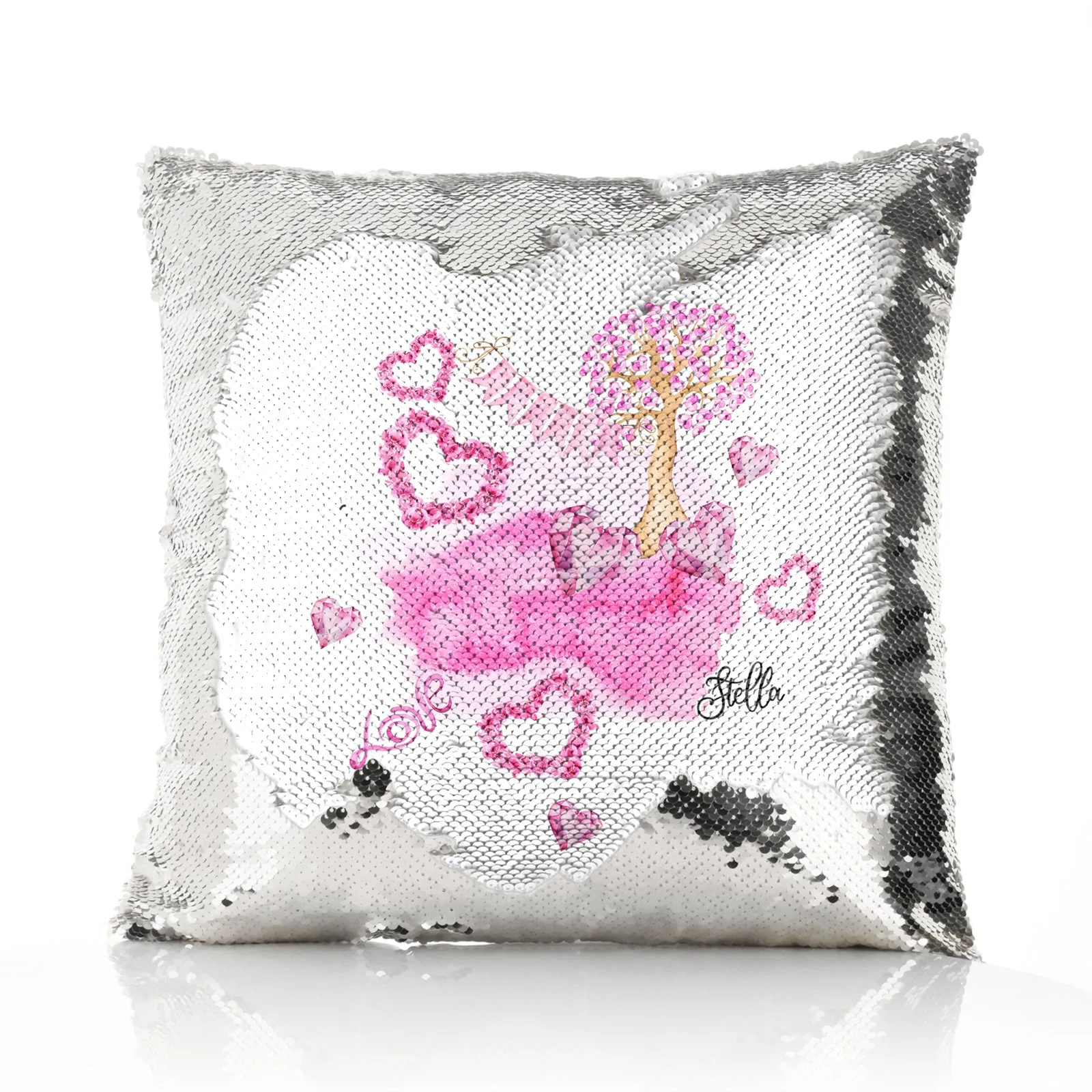Personalised Sequin Cushion with Stylish Text and Pink Love Landscape Print