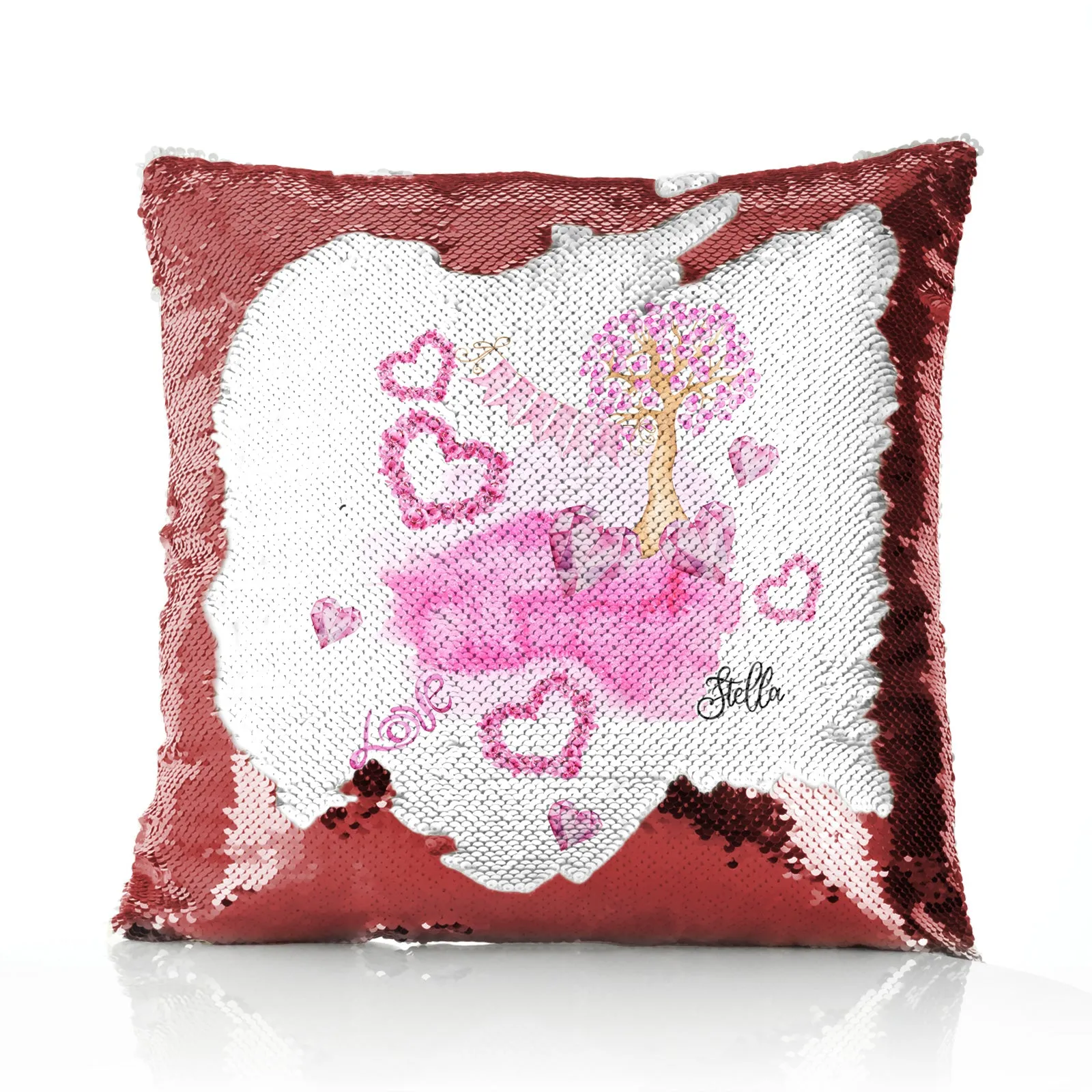 Personalised Sequin Cushion with Stylish Text and Pink Love Landscape Print