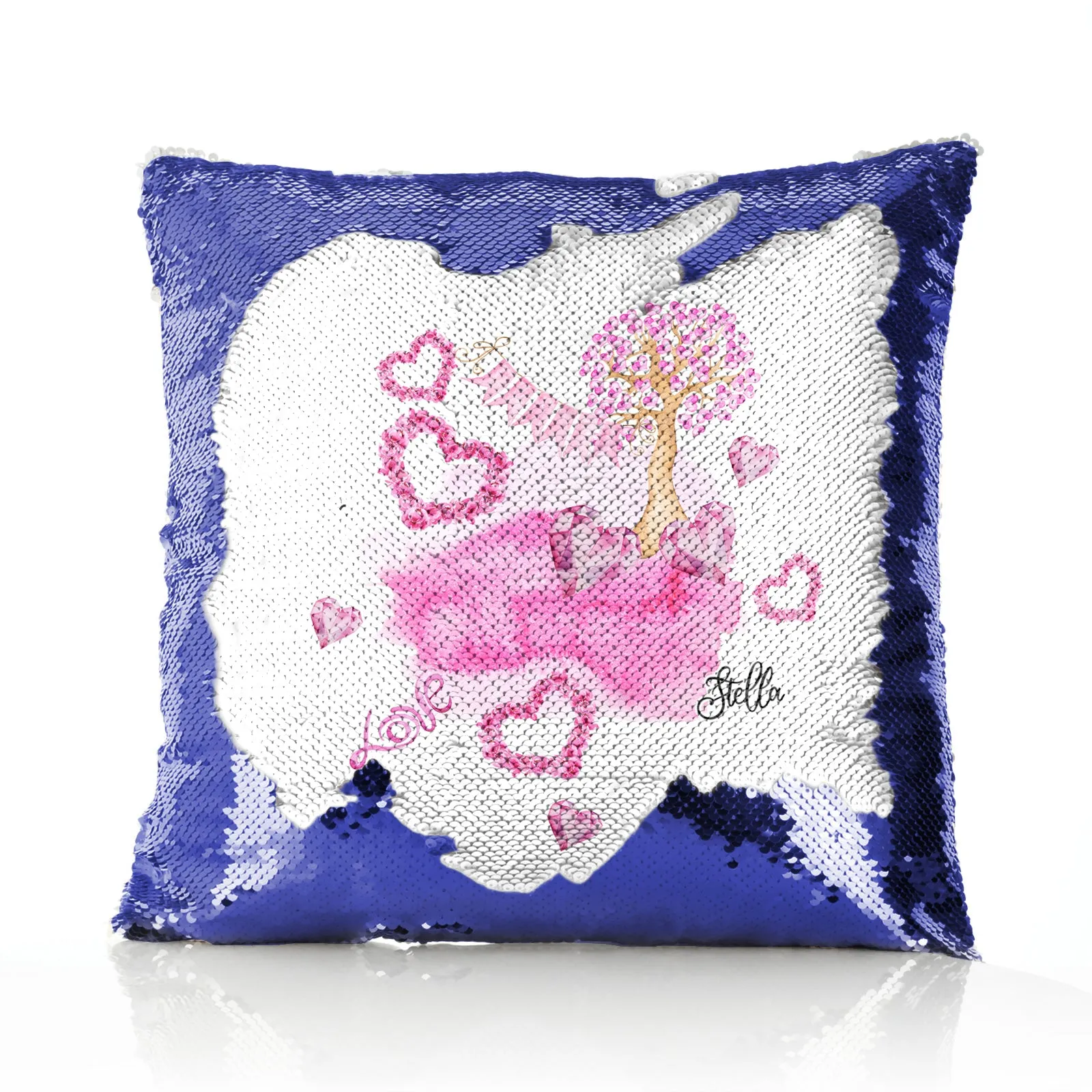 Personalised Sequin Cushion with Stylish Text and Pink Love Landscape Print