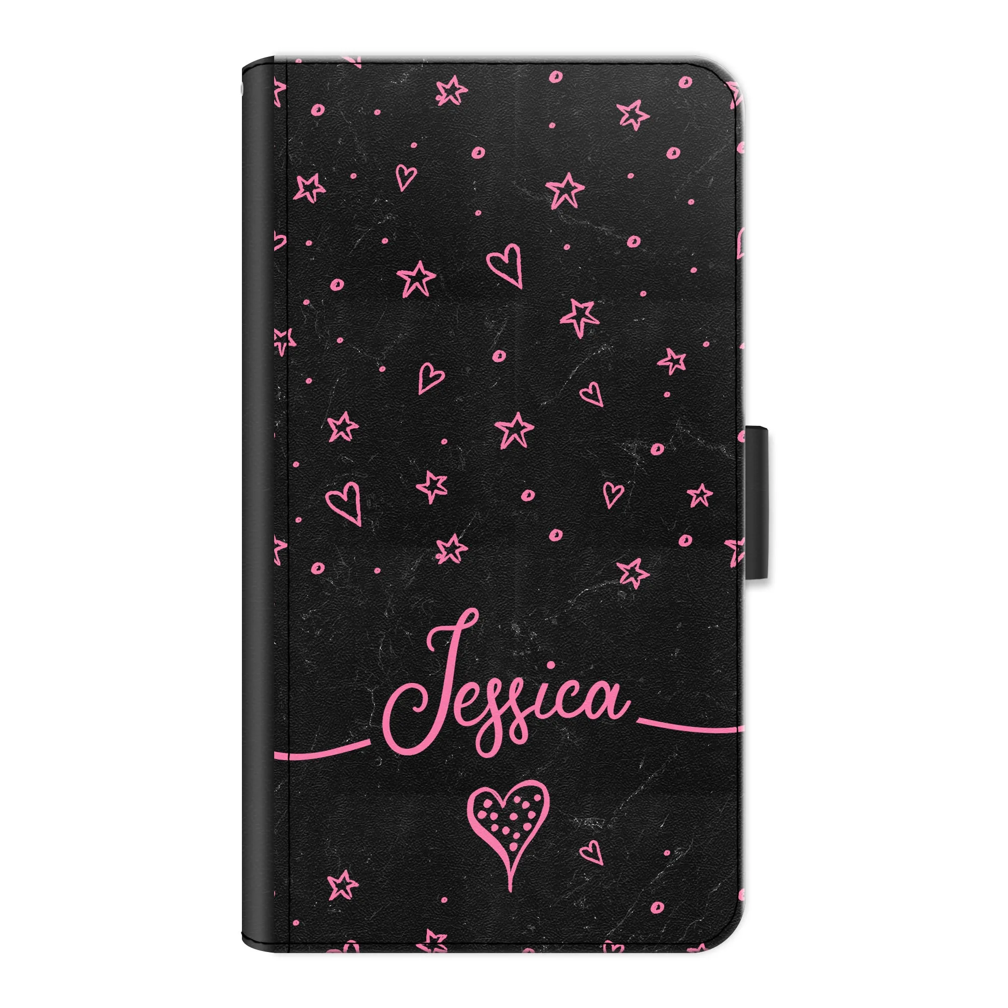 Personalised Sony Phone Leather Wallet with Pink Stylish text, Stars and Hearts on Black Marble