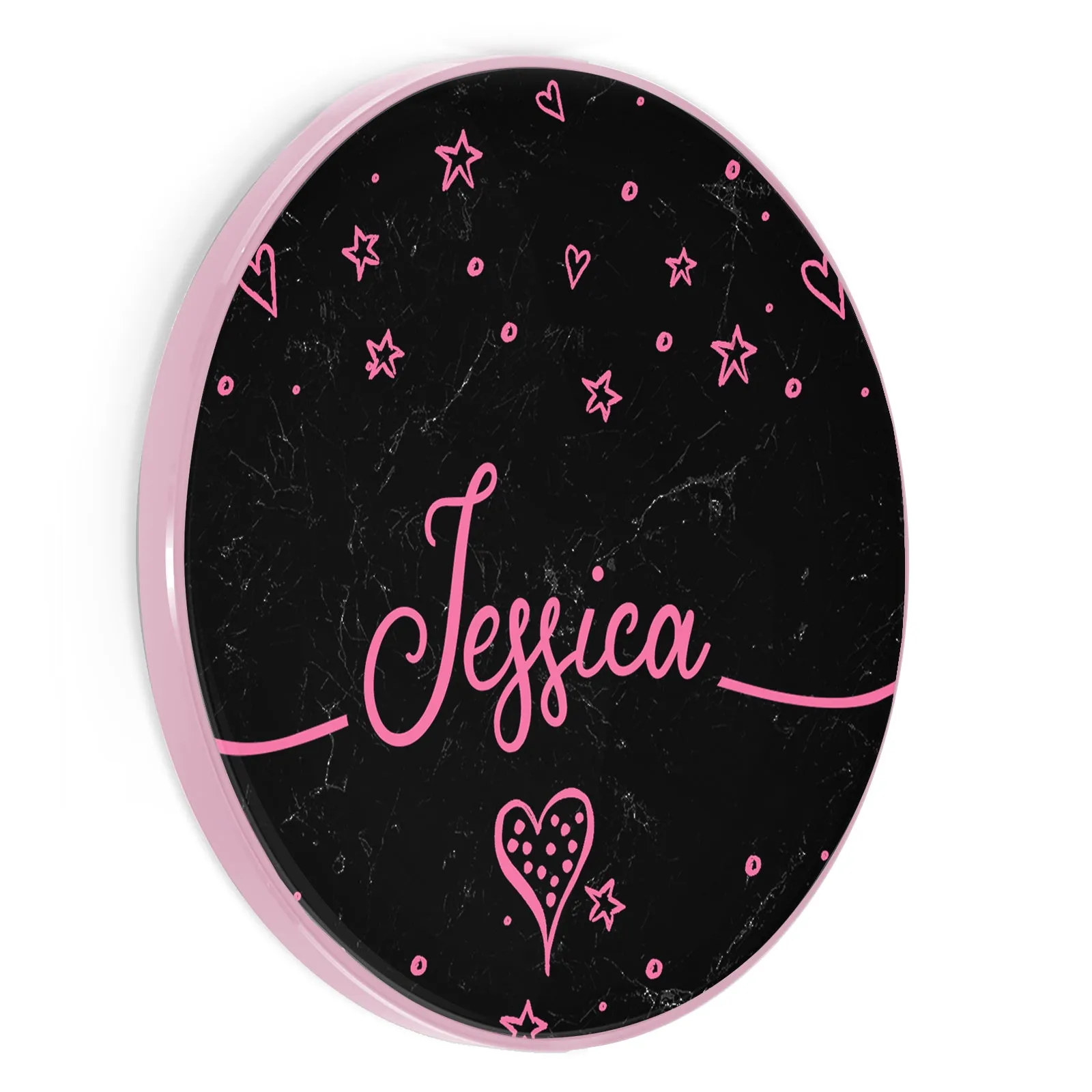 Personalised Wireless Charger with Pink Stylish text, Stars and Hearts on Black Marble