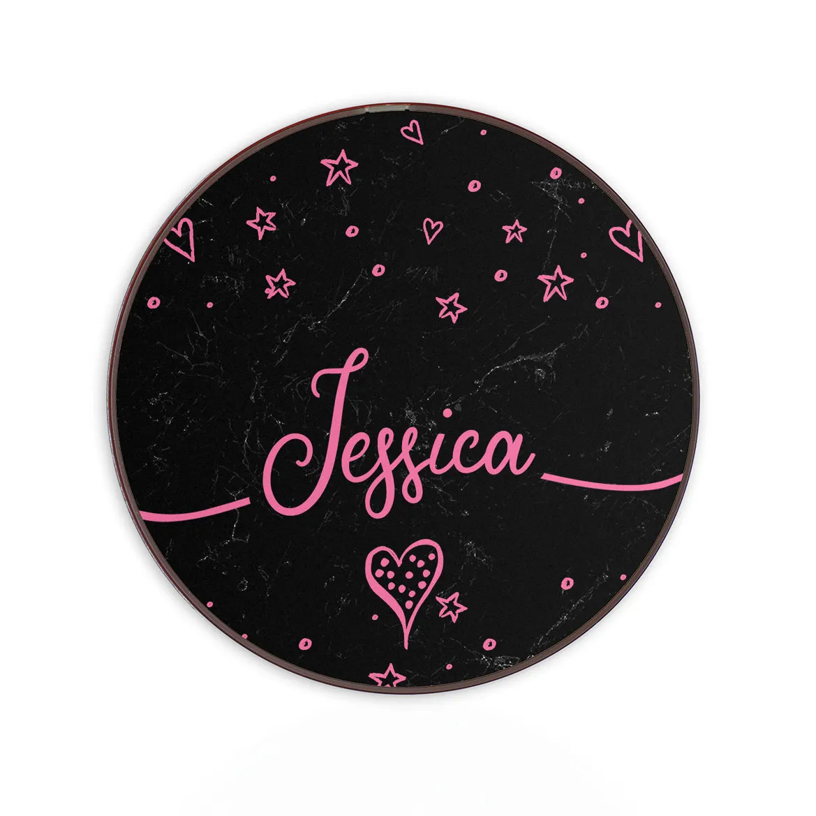 Personalised Wireless Charger with Pink Stylish text, Stars and Hearts on Black Marble