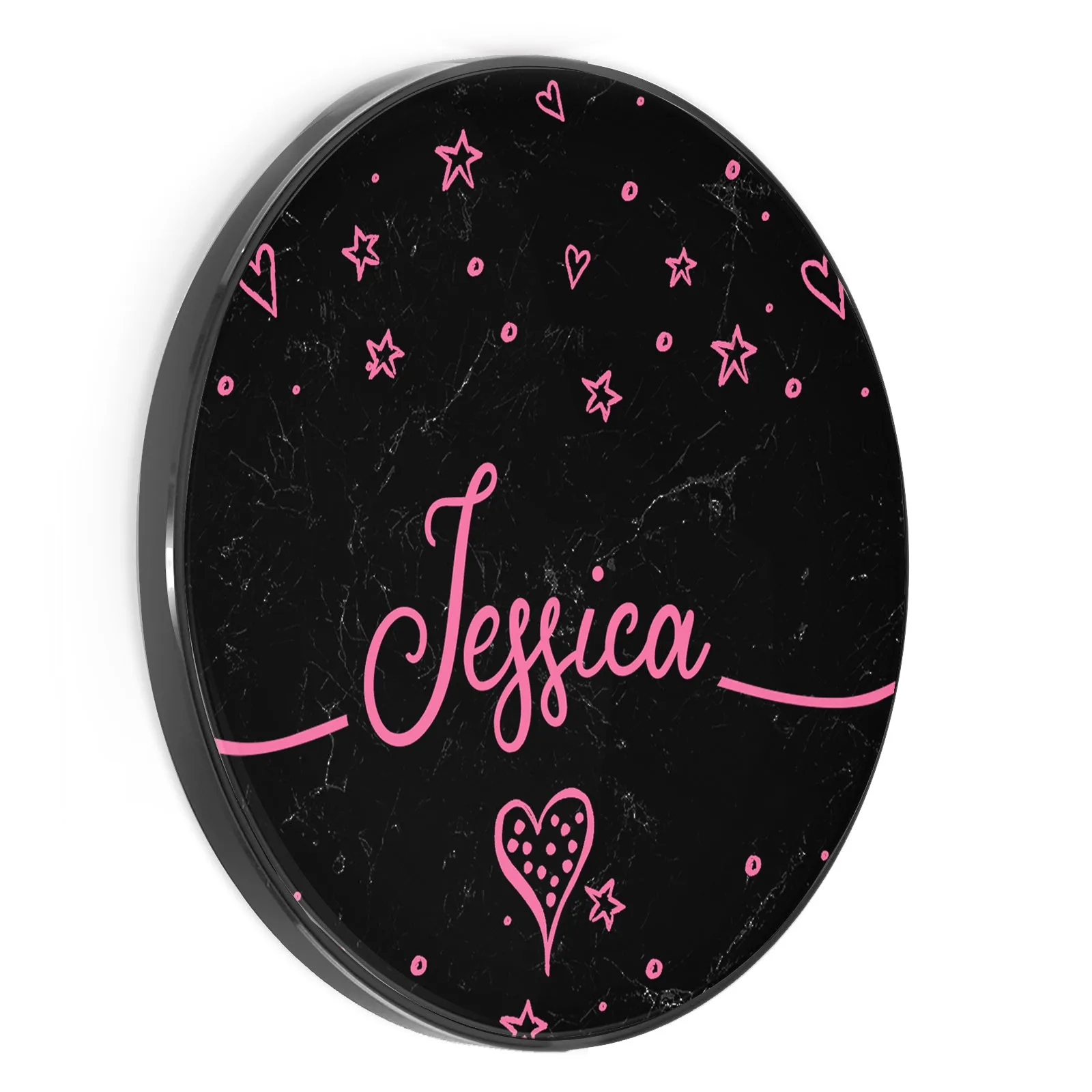 Personalised Wireless Charger with Pink Stylish text, Stars and Hearts on Black Marble
