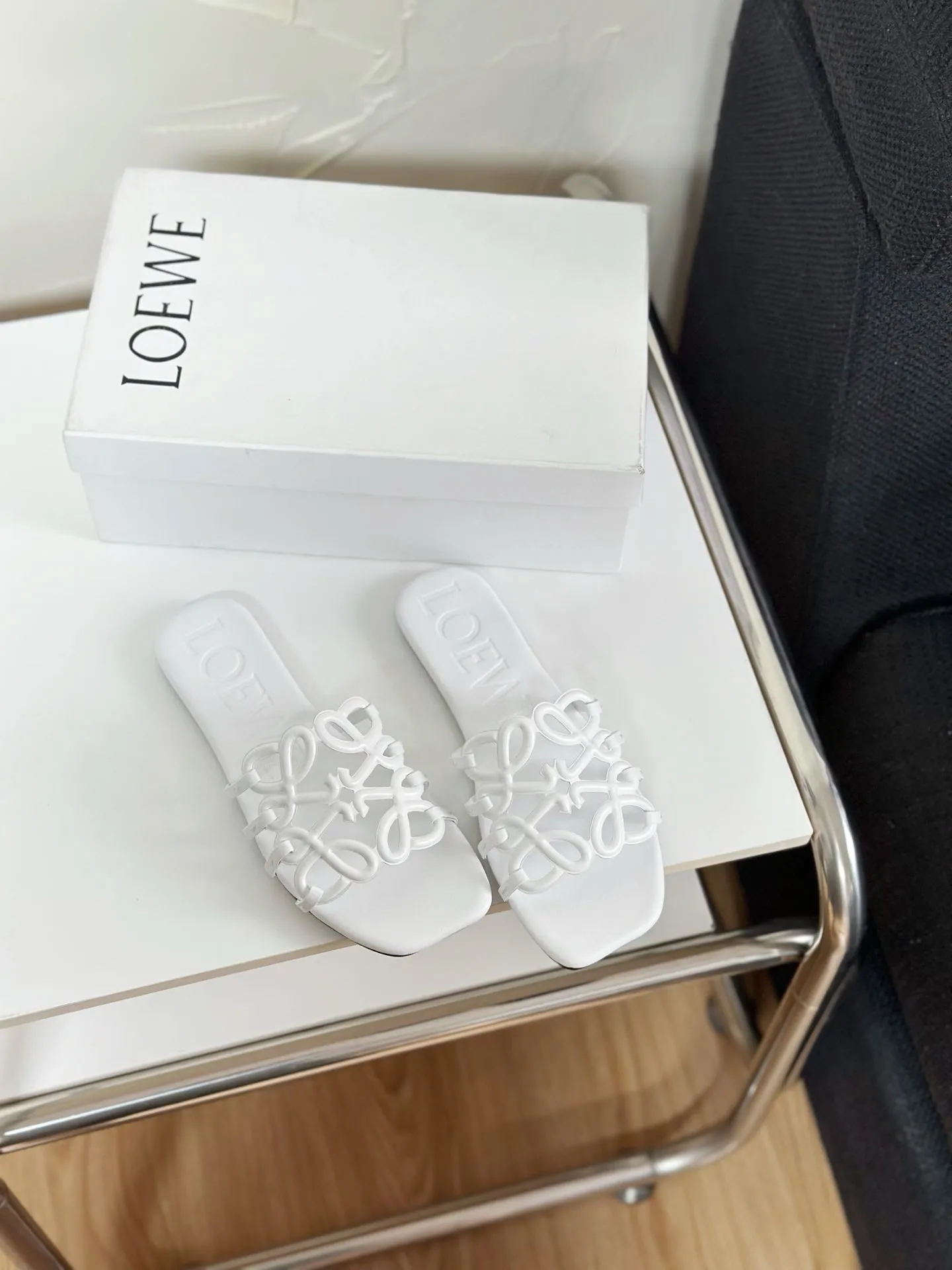 Petal Anagram Slide in White Soft Calfskin 273513