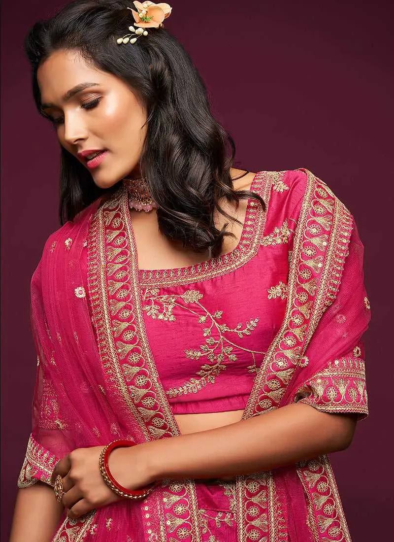 Pink And Gold Silk Embroidered Stylish Lehenga Choli