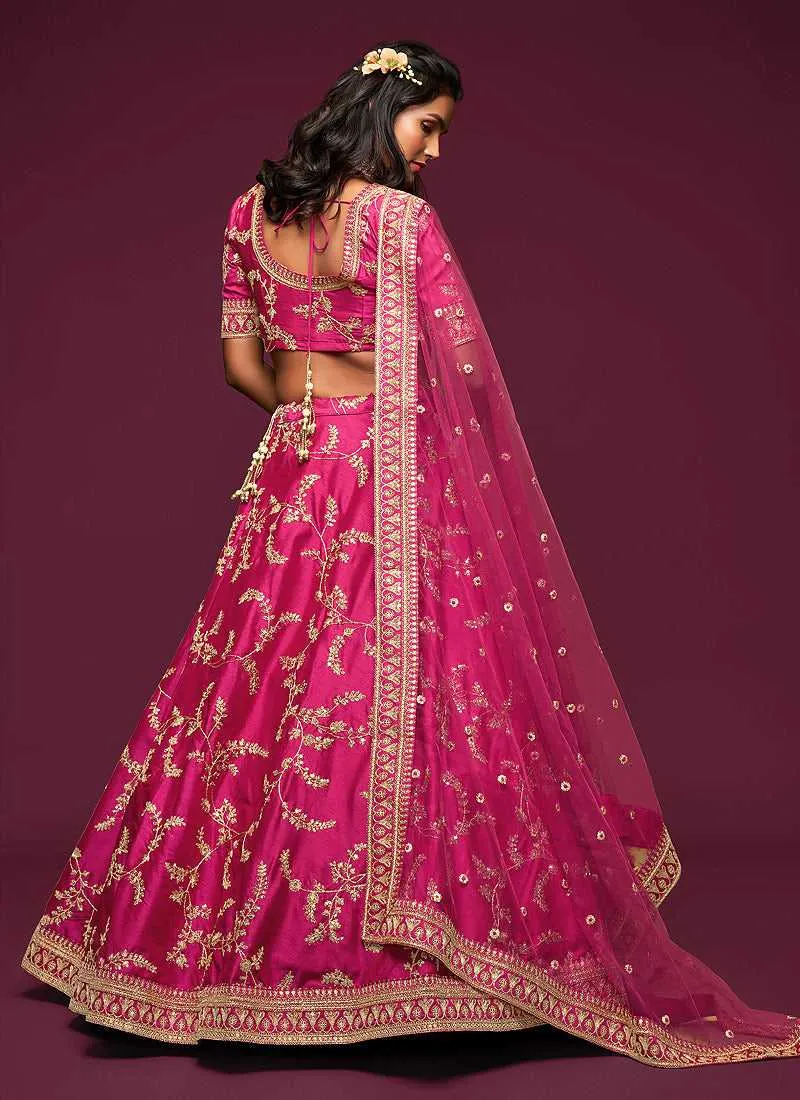 Pink And Gold Silk Embroidered Stylish Lehenga Choli