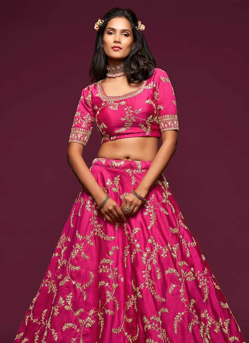 Pink And Gold Silk Embroidered Stylish Lehenga Choli