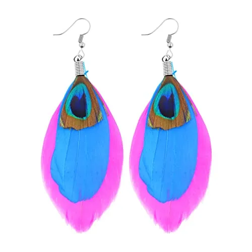 Pink Boho Peacock Feather Earrings