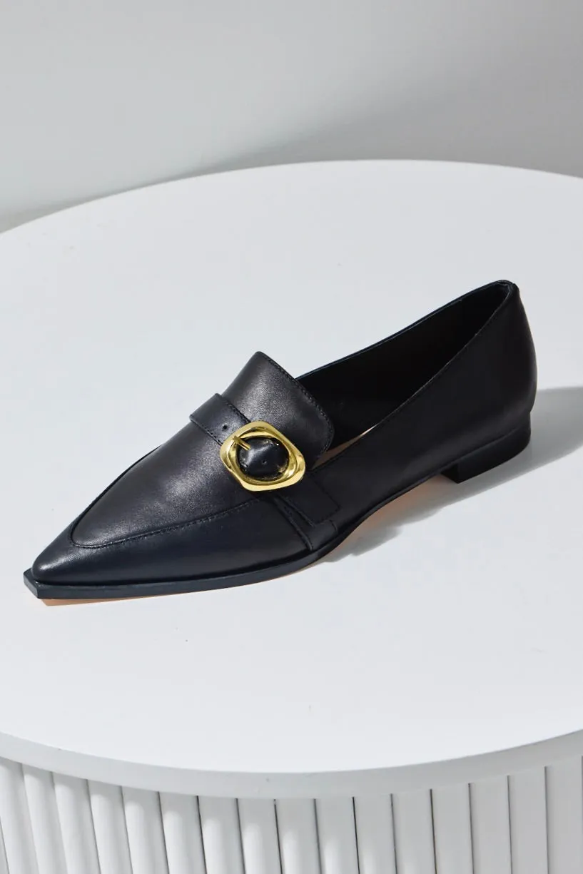 Poppy Black Leather Gold Buckle Loafer