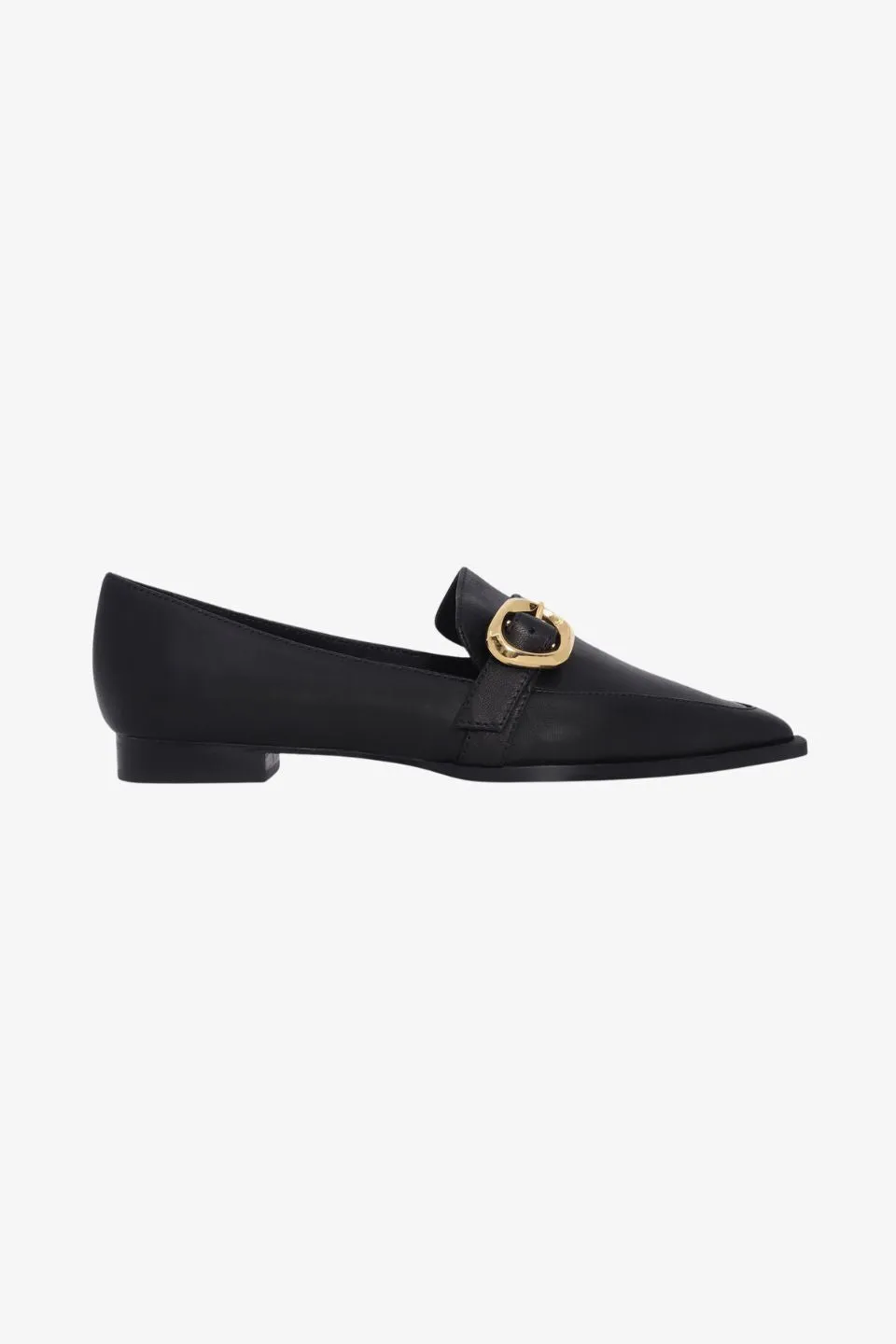 Poppy Black Leather Gold Buckle Loafer