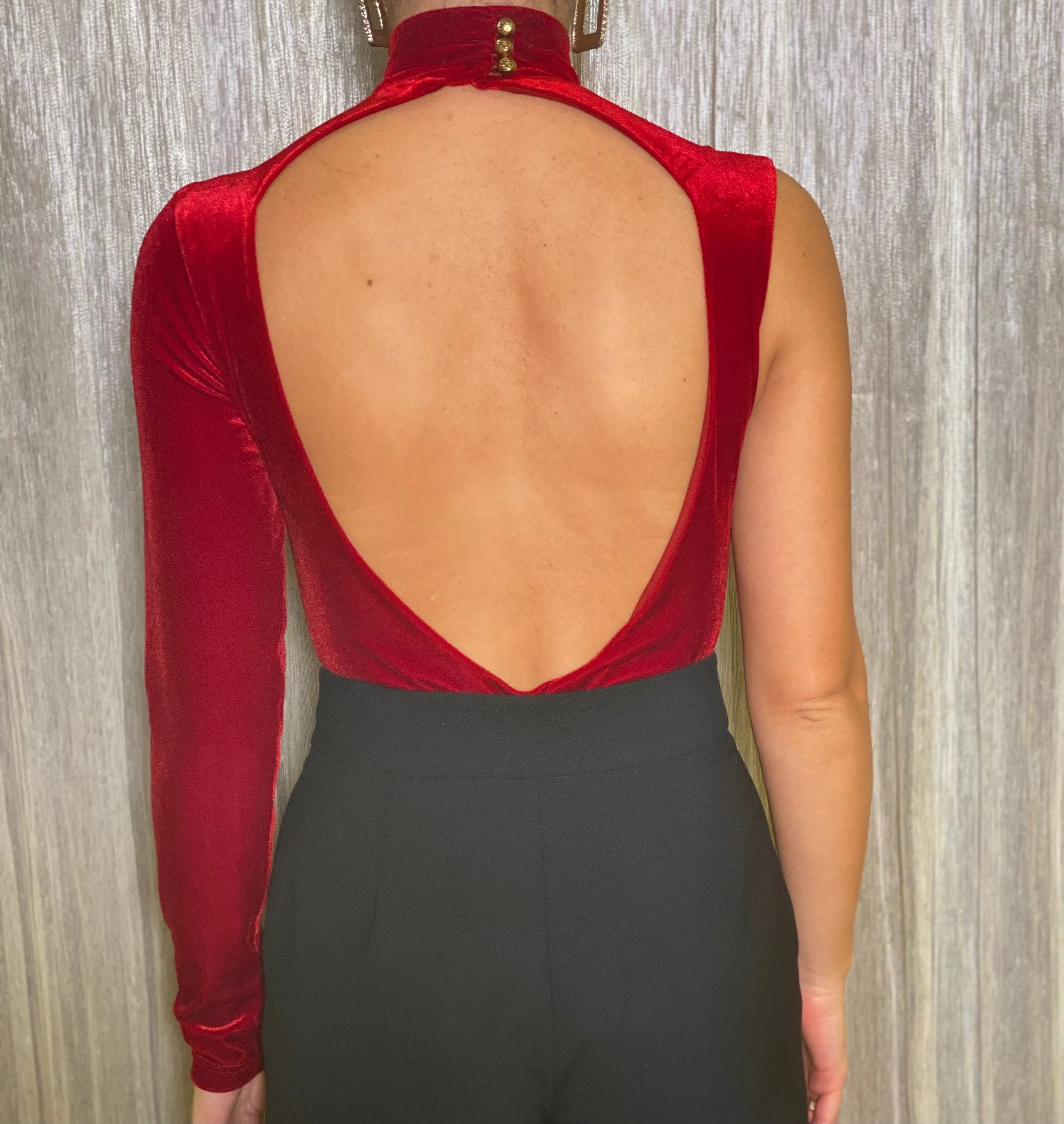 Red Velvet Turtleneck Open Back Bodysuit
