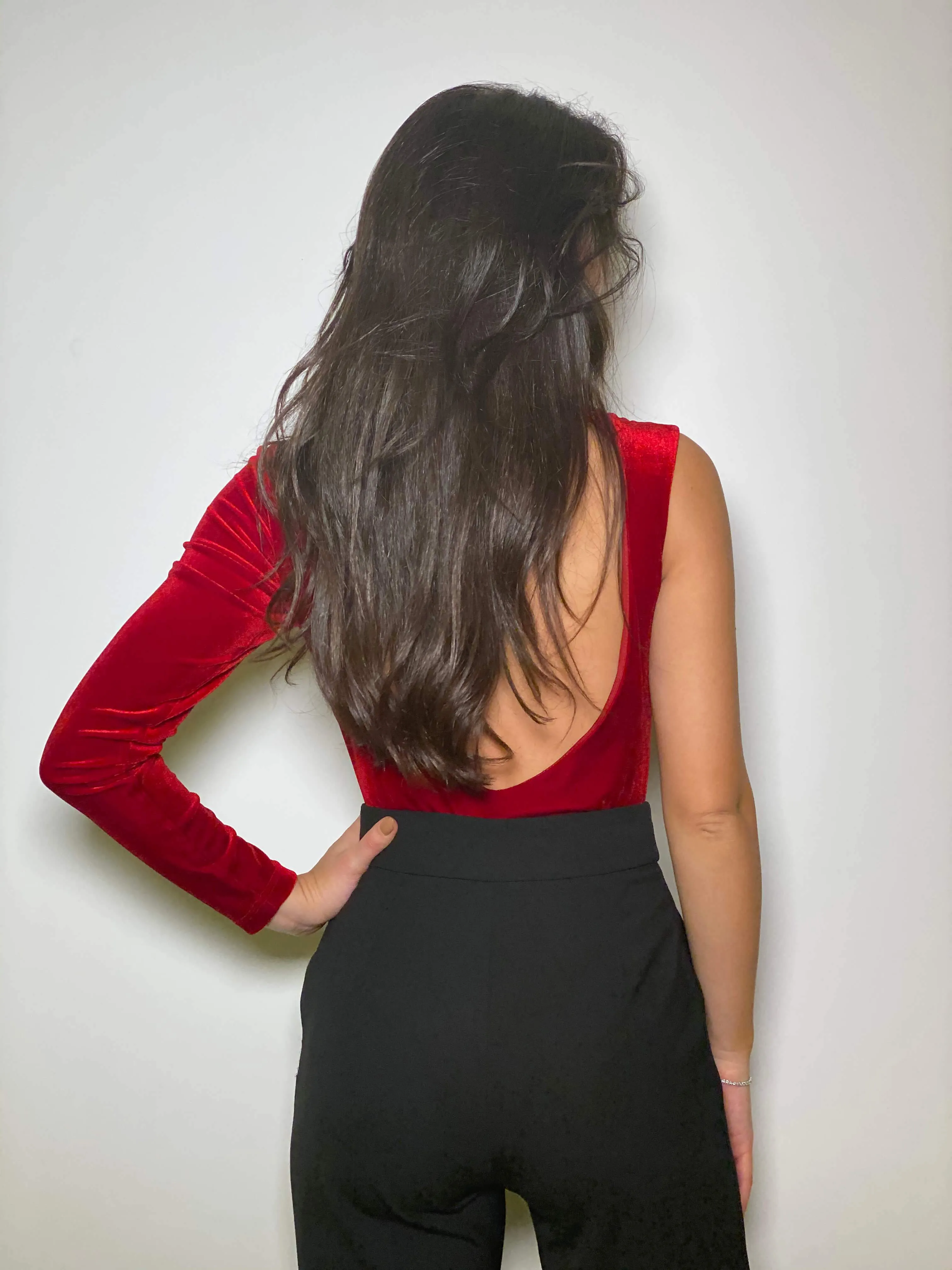 Red Velvet Turtleneck Open Back Bodysuit