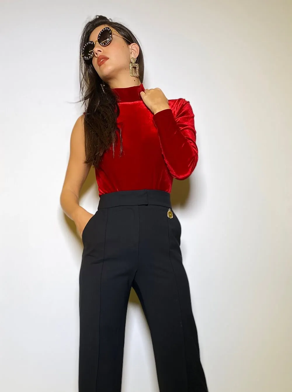 Red Velvet Turtleneck Open Back Bodysuit