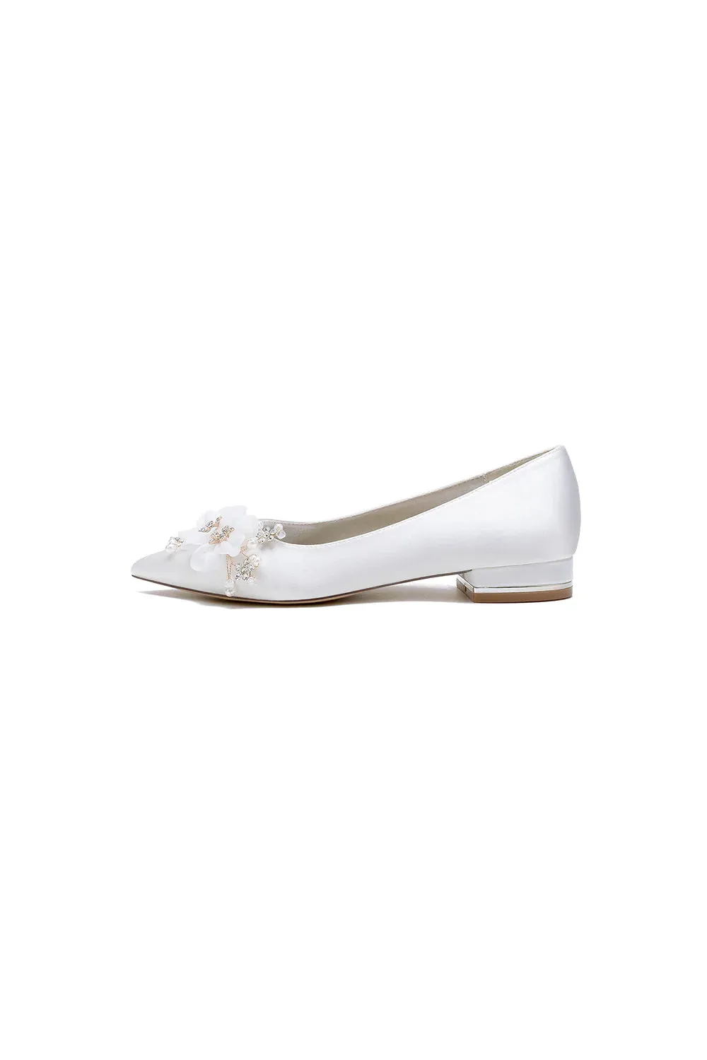 Satin Champagne Flats with Delicate Flower Embellishments