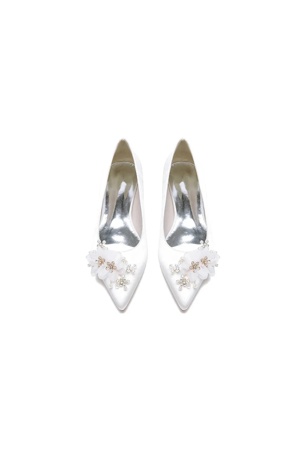 Satin Champagne Flats with Delicate Flower Embellishments