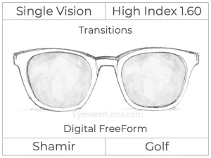 Single Vision - High Index 1.60 - Shamir Golf - Digital - Transitions Signature - Spherical