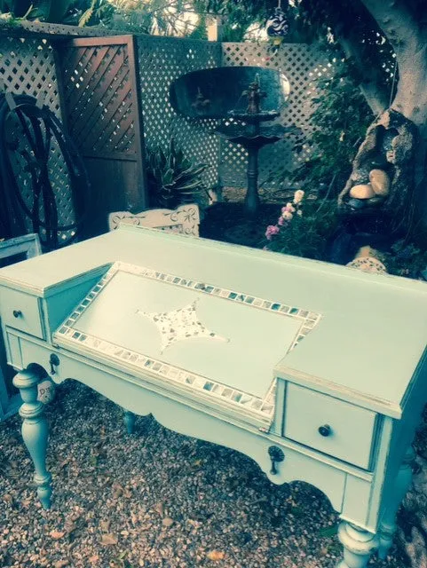 SOLD! Vintage Secretary Desk, Green/Blue/ Mother of Pearl Mosaic Inlay