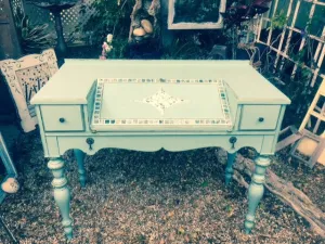 SOLD! Vintage Secretary Desk, Green/Blue/ Mother of Pearl Mosaic Inlay