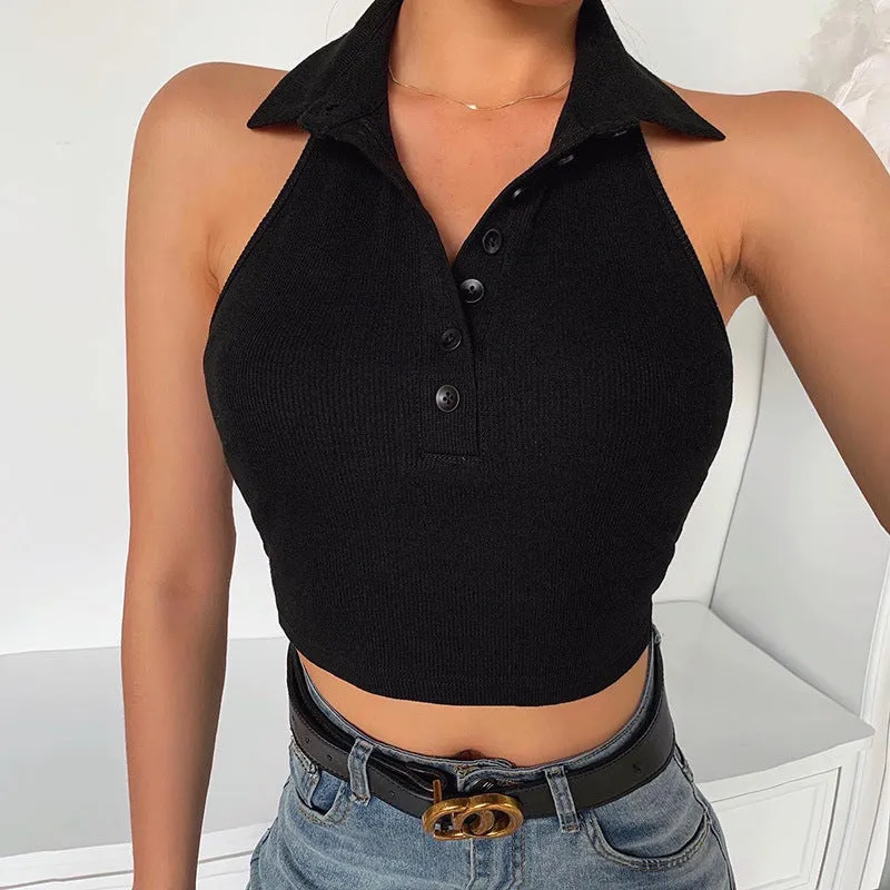 Solid-colored lapel stylish open umbilical top female bare-back small vest