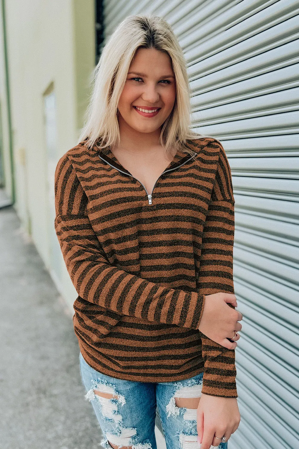 Striped Knit Quarter Zip Hoodie