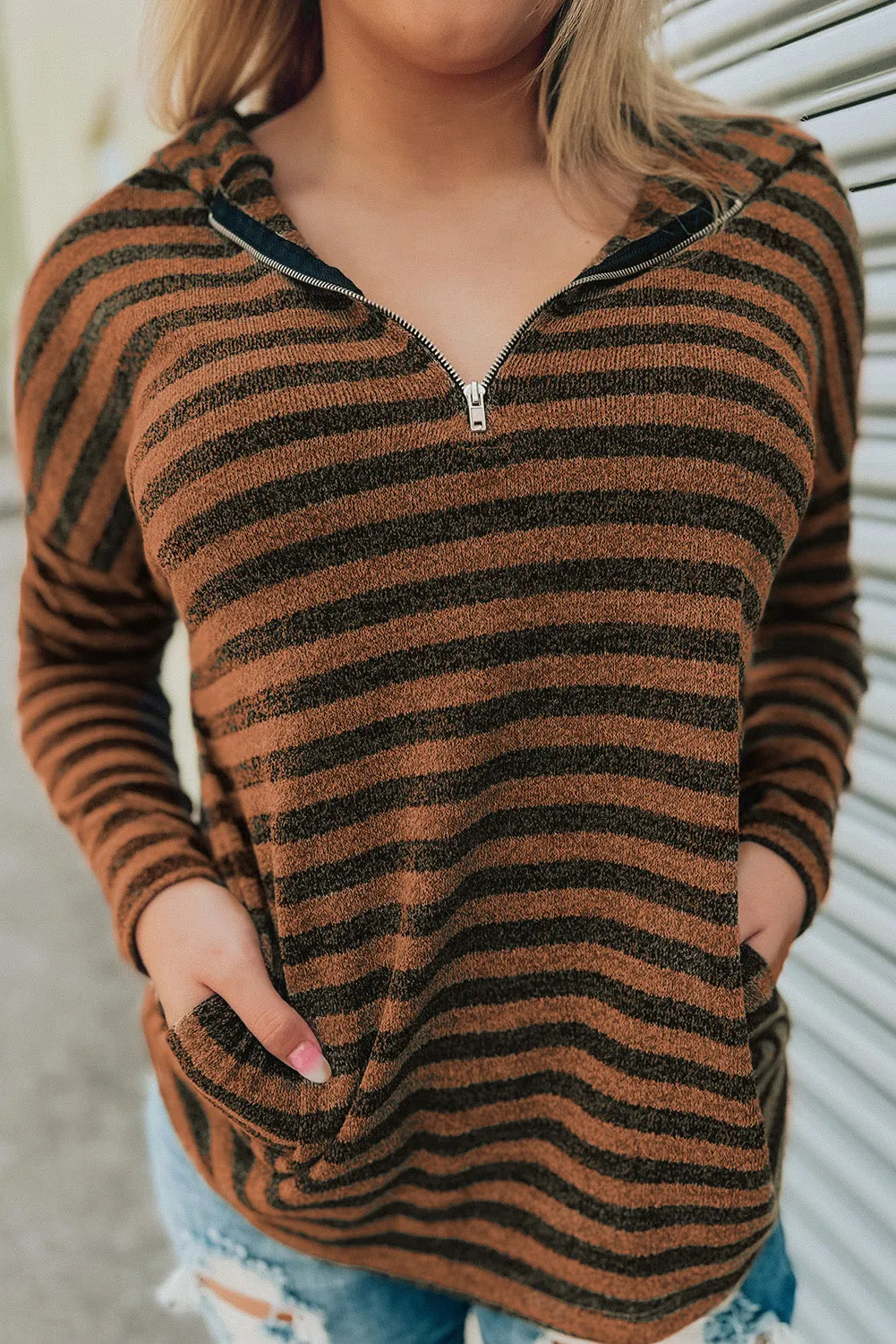 Striped Knit Quarter Zip Hoodie