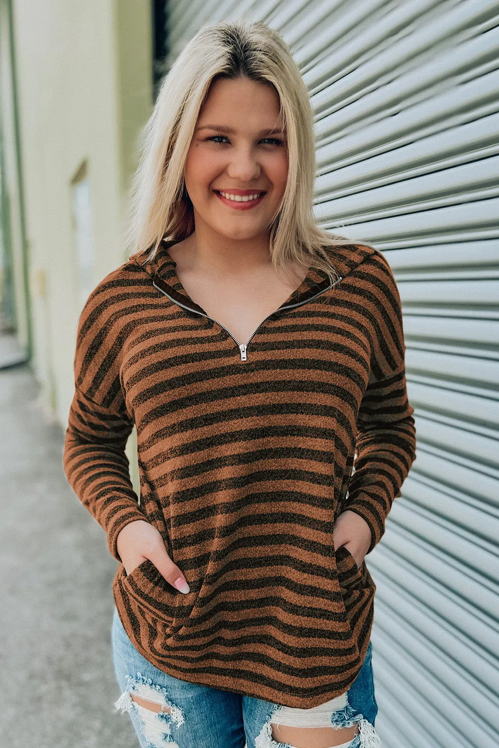 Striped Knit Quarter Zip Hoodie