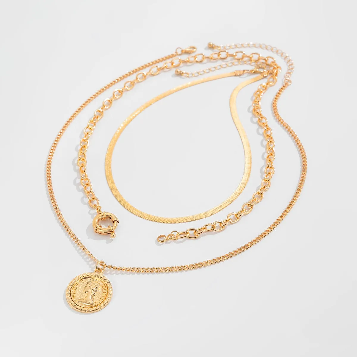 Stylish 3pcs Gold Silver Tone Pattern Round Disk Pendant Snake Chain Necklace Set
