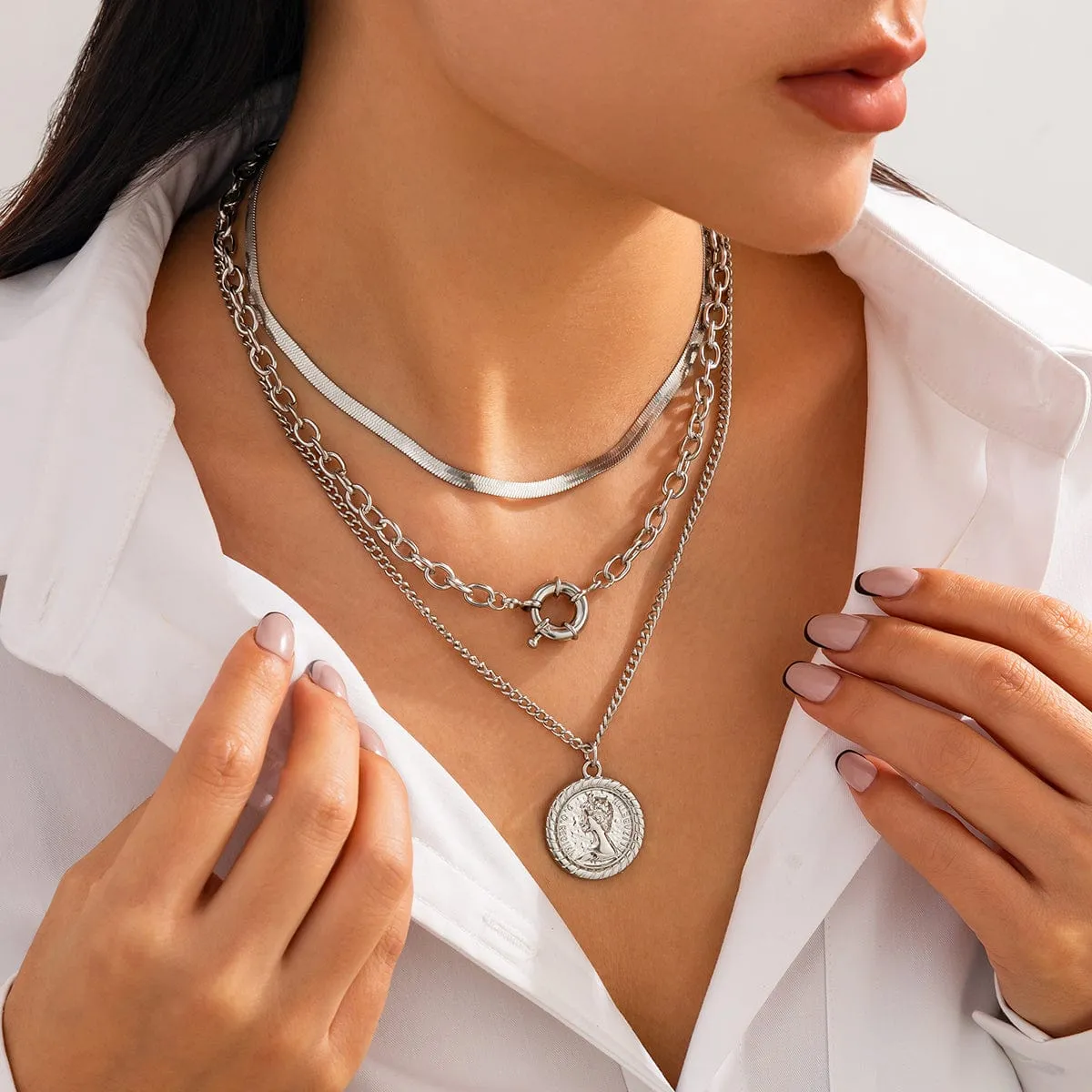 Stylish 3pcs Gold Silver Tone Pattern Round Disk Pendant Snake Chain Necklace Set