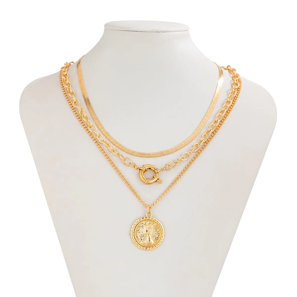 Stylish 3pcs Gold Silver Tone Pattern Round Disk Pendant Snake Chain Necklace Set