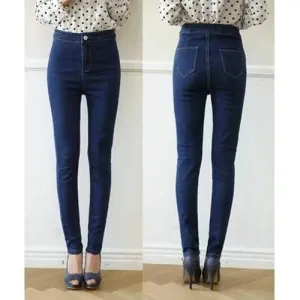 Stylish High Waist Solid Color Pencil Jeans For Women - Deep Blue 27