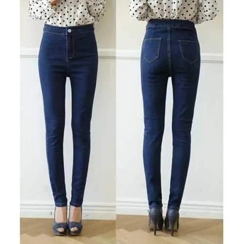 Stylish High Waist Solid Color Pencil Jeans For Women - Deep Blue 27
