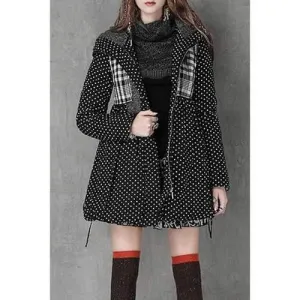Stylish Hooded Long Sleeve Polka Dot High-Waisted Women's Parka Coat - Black S