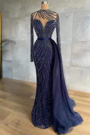 Stylish Navy Mermaid Evening Dress with Detachable Tail Crystals Beads Prom Dress High Neck