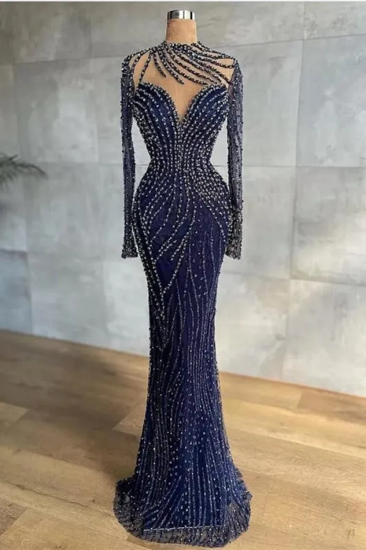 Stylish Navy Mermaid Evening Dress with Detachable Tail Crystals Beads Prom Dress High Neck