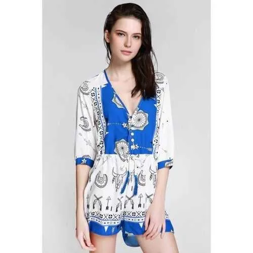 Stylish Plunging Neck 3/4 Sleeve Ethnic Print Women's Playsuit - Blue And White L