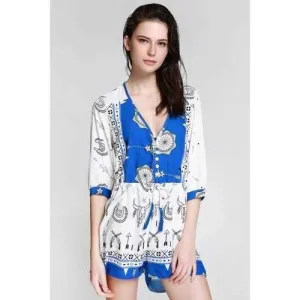 Stylish Plunging Neck 3/4 Sleeve Ethnic Print Women's Playsuit - Blue And White L