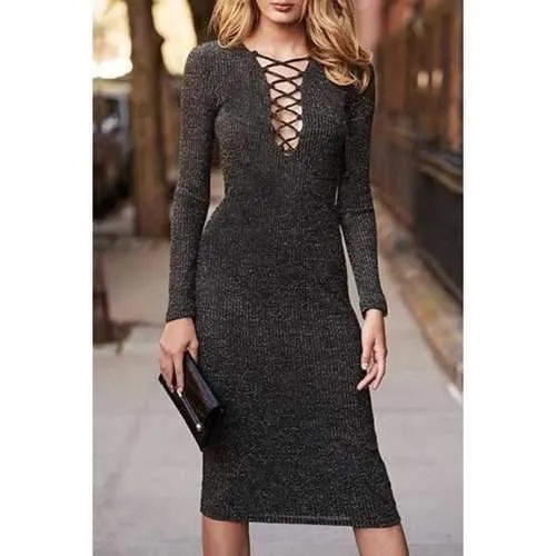 Stylish Plunging Neck Long Sleeves Solid Color Lace-Up Women's Sweater Dress - Brown S