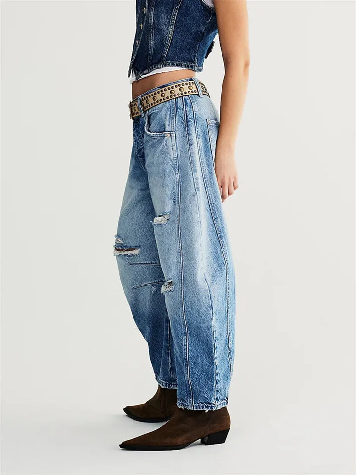 Stylish Ripped Loose Blue Jeans for Women