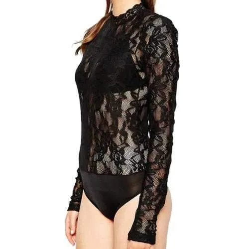 Stylish Stand Neck Long Sleeve Black Lace Women's Romper - Black S