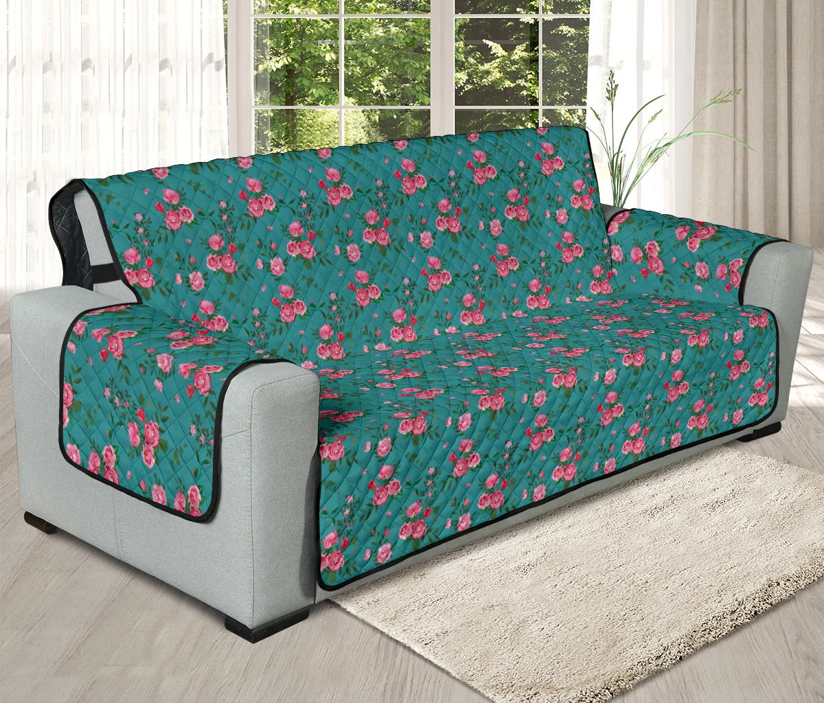 Teal With Pink Roses Shabby Chic Sofa Cover Protector
