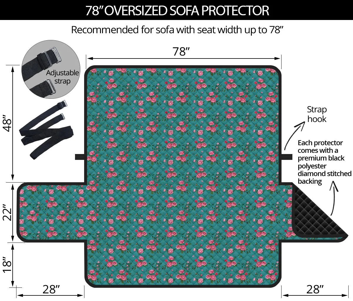 Teal With Pink Roses Shabby Chic Sofa Cover Protector