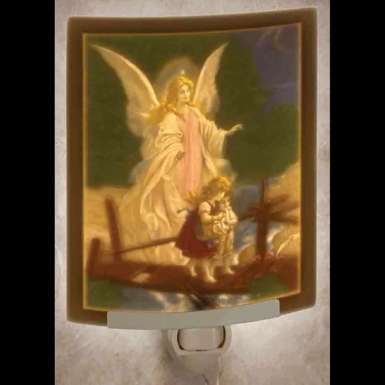 Traditional Guardian Angel over the Bridge Porcelain Night Light Curved 5.5"