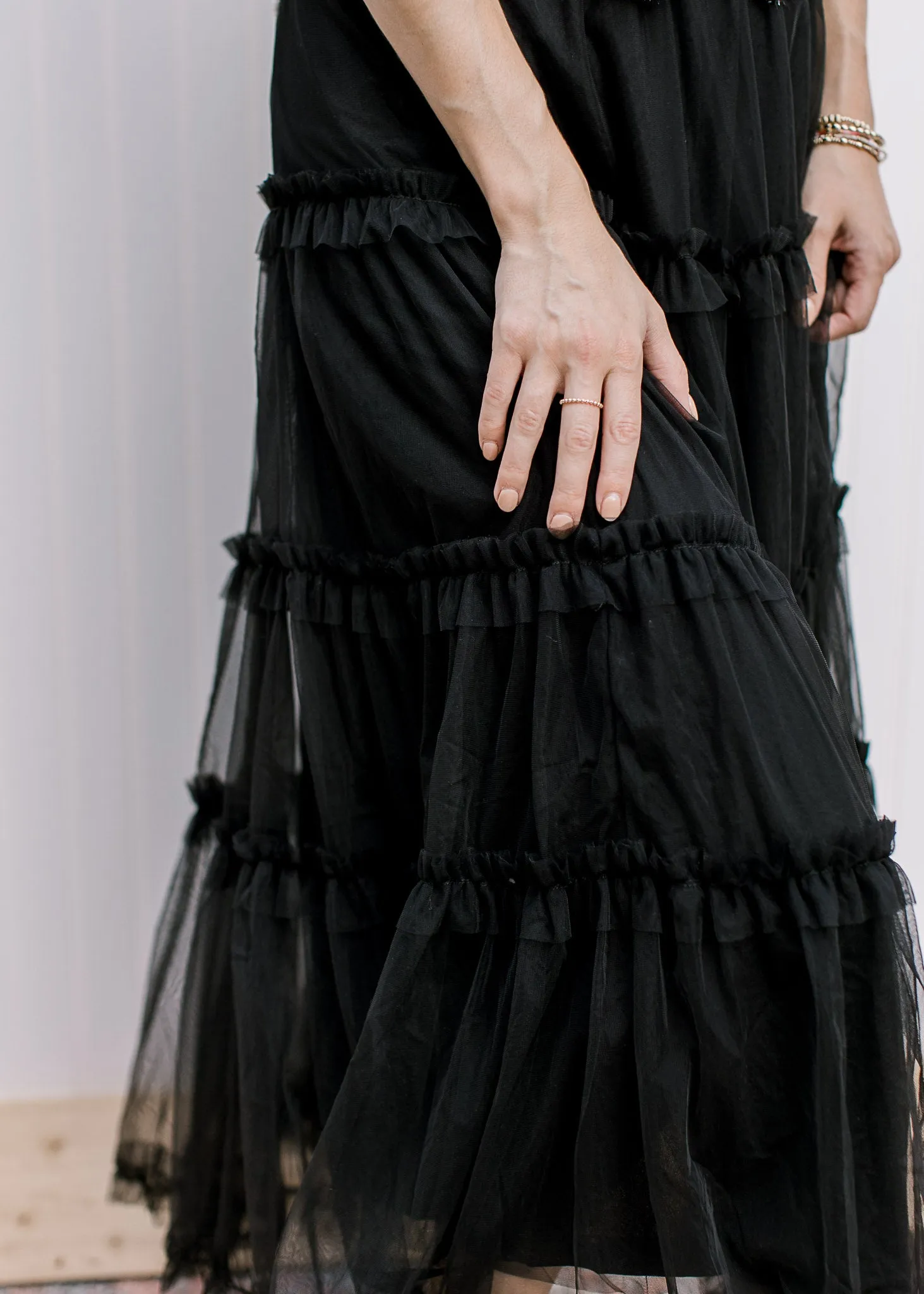 Tulle Mesh Ruffle Midi Skirt
