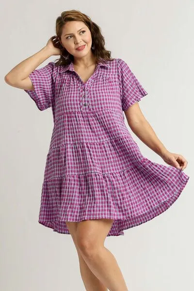 Umgee Check Yes Mini Dress in Red-Violet