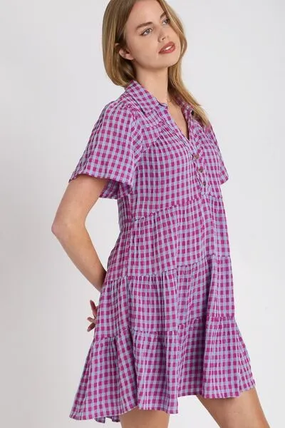 Umgee Check Yes Mini Dress in Red-Violet