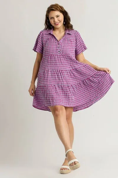 Umgee Check Yes Mini Dress in Red-Violet