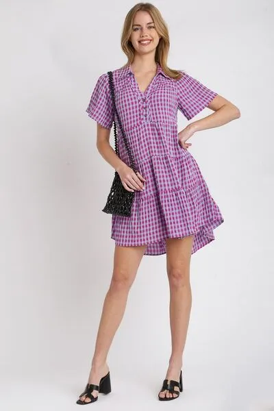 Umgee Check Yes Mini Dress in Red-Violet