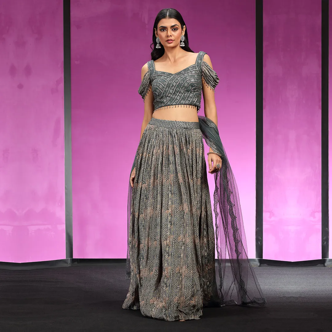 Unique Dark Grey Embellished Simple Yet Stylish Lehenga Set