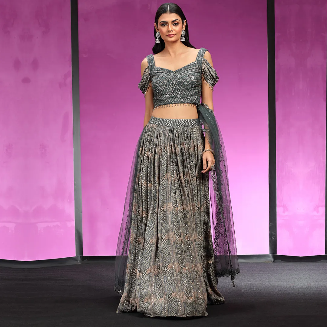 Unique Dark Grey Embellished Simple Yet Stylish Lehenga Set