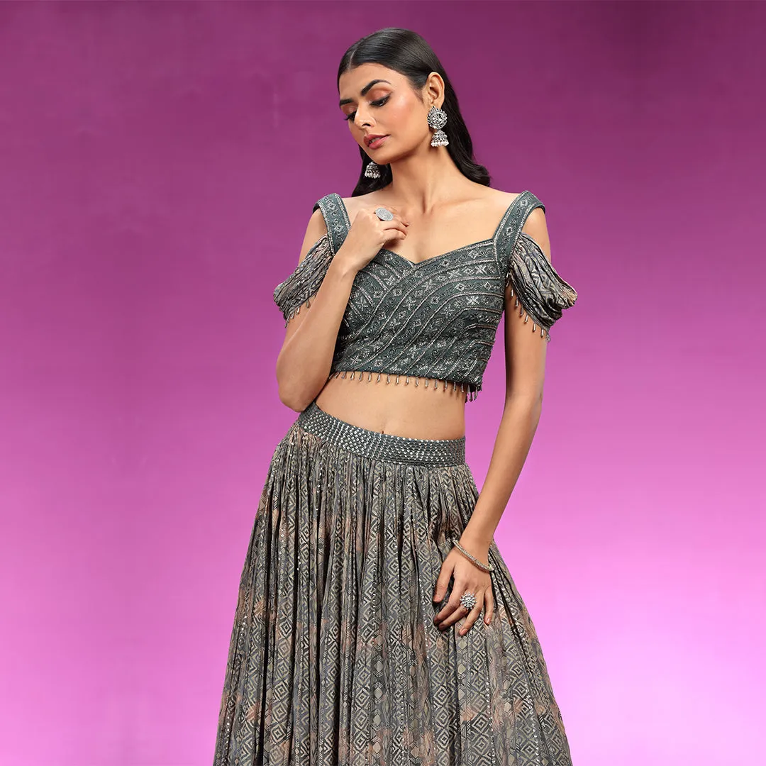 Unique Dark Grey Embellished Simple Yet Stylish Lehenga Set